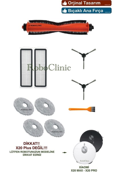 Xiaomi Robot Vacuum X20 Pro Robot Süpürge Uyumlu Yedek Bıçaklı Ana Fırça, Yan Fırça, Hepa Filtre, Mop - 10 Parça