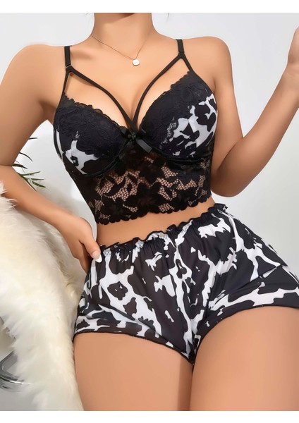 Zengezur Kadın Siyah Leopar Desenli Dantel Detaylı Şortlu Gecelik Pijama Takımı 5055