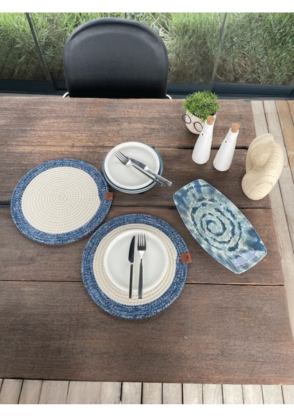 2 Kişilik Yuvarlak Amerikan Servis Leke Tutmaz - Supla Mavi/beyaz 33X33 cm fırsatları