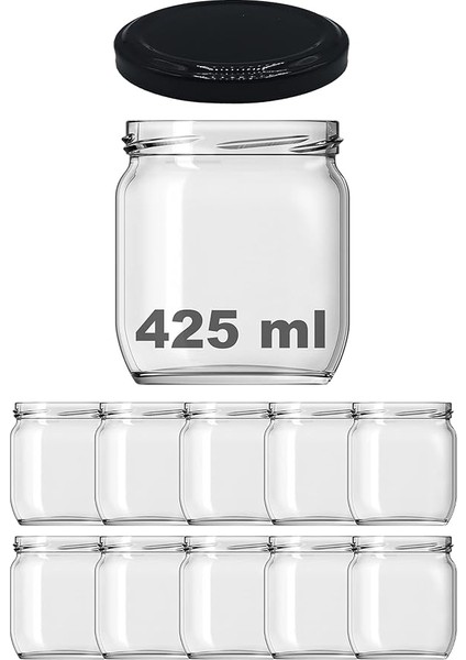 425 ml Metal Siyah Kapaklı Şeffaf Cam Kavanoz 10 Adet