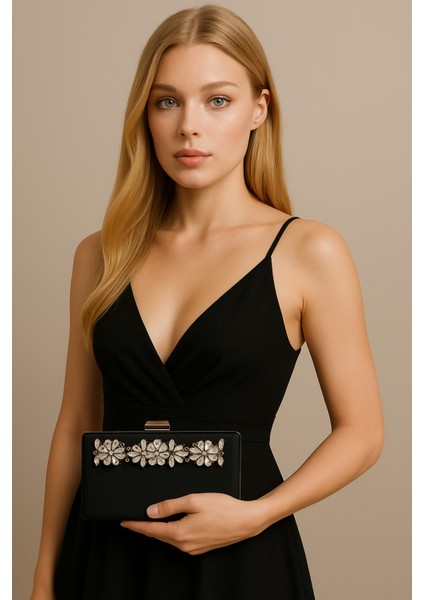 Şık ve Göz Alıcı Siyah Saten Gümüş Taşlı Abiye Çanta Düğün Nişan Mezuniyet