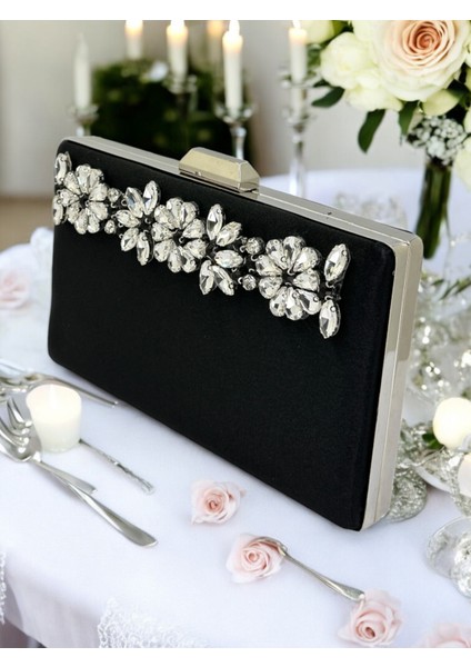 Şık ve Göz Alıcı Siyah Saten Gümüş Taşlı Abiye Çanta Düğün Nişan Mezuniyet fiyatları