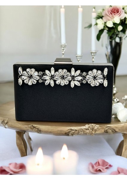 Şık ve Göz Alıcı Siyah Saten Gümüş Taşlı Abiye Çanta Düğün Nişan Mezuniyet modelleri