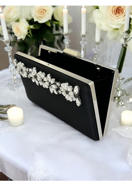 Şık ve Göz Alıcı Siyah Saten Gümüş Taşlı Abiye Çanta Düğün Nişan Mezuniyet fırsatları