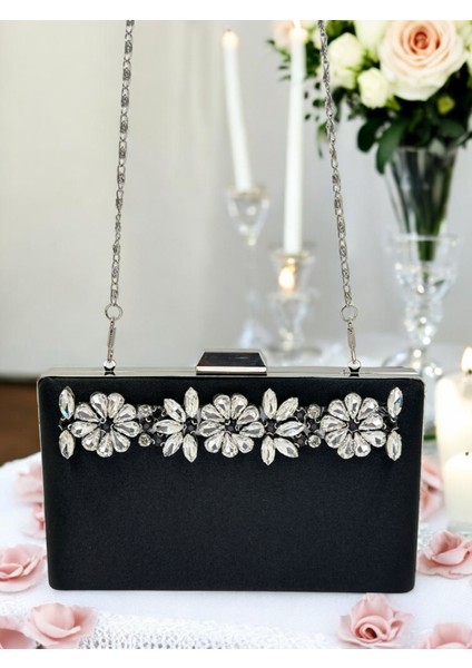 Şık ve Göz Alıcı Siyah Saten Gümüş Taşlı Abiye Çanta Düğün Nişan Mezuniyet indirimleri