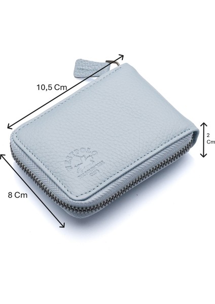 Hakiki Deri Kağıt Para ve Bol Şeffaf Kart Bölmeli, Fermuarlı Unisex Kartlık - Buz Mavi
