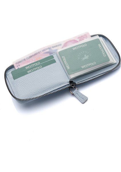 Hakiki Deri Kağıt Para ve Bol Şeffaf Kart Bölmeli, Fermuarlı Unisex Kartlık - Buz Mavi modelleri