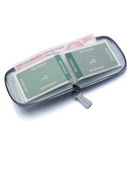 Hakiki Deri Kağıt Para ve Bol Şeffaf Kart Bölmeli, Fermuarlı Unisex Kartlık - Buz Mavi fırsatları