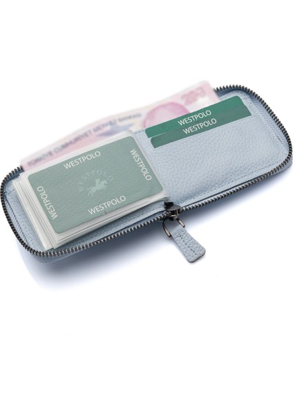 Hakiki Deri Kağıt Para ve Bol Şeffaf Kart Bölmeli, Fermuarlı Unisex Kartlık - Buz Mavi indirimleri