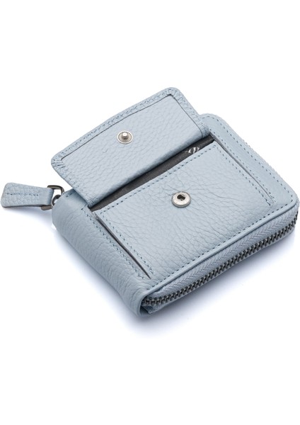 Hakiki Deri Kağıt Para ve Bol Şeffaf Kart Bölmeli, Fermuarlı Unisex Kartlık - Buz Mavi