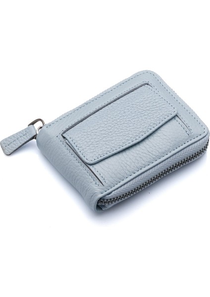 Hakiki Deri Kağıt Para ve Bol Şeffaf Kart Bölmeli, Fermuarlı Unisex Kartlık - Buz Mavi