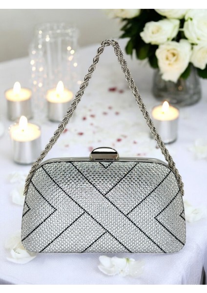 Gümüş Renk Zincir Kulplu Kadın Abiye Çanta Mezuniyet Düğün Nişan
