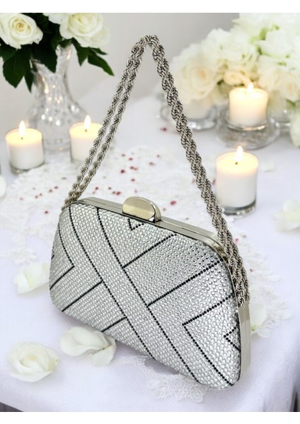 Gümüş Renk Zincir Kulplu Kadın Abiye Çanta Mezuniyet Düğün Nişan