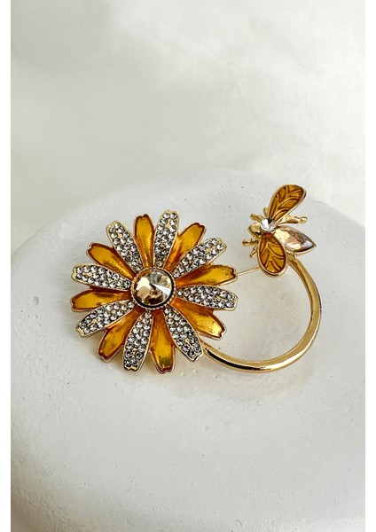 Altın Rengi Arı Detay Mineli Taşlı Çiçek Broş (6cm)