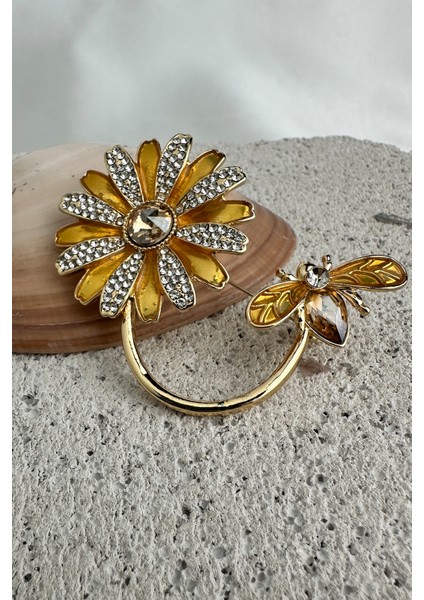 Altın Rengi Arı Detay Mineli Taşlı Çiçek Broş (6cm) modelleri