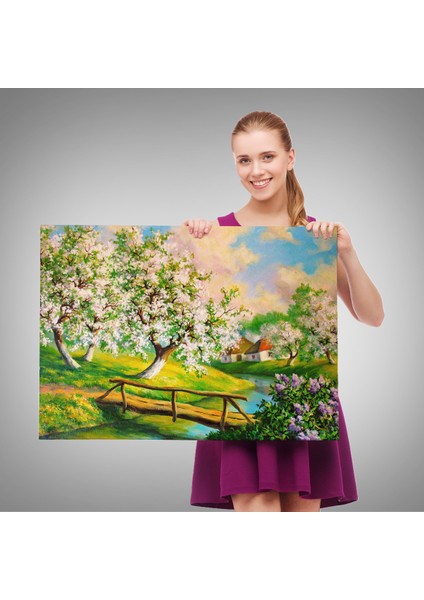 -Premier Kanvas Serileri- Köy Içinden Akan Akarsu Bahar Manzarası Duvar TABLOSU-1204 fırsatları