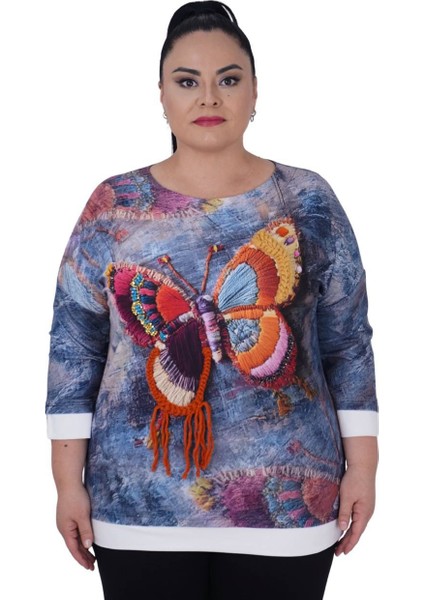 Büyük Beden Kelebek Baskılı Boncuk İşleme 3D Kışlık Bluz modelleri