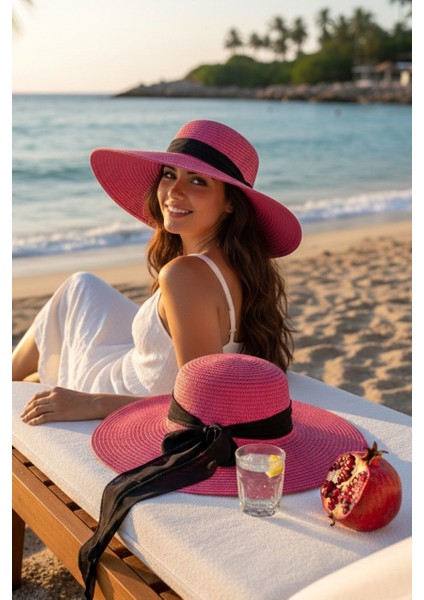 Fiyonklu Fuşya Geniş Hasır Şapka 1423218