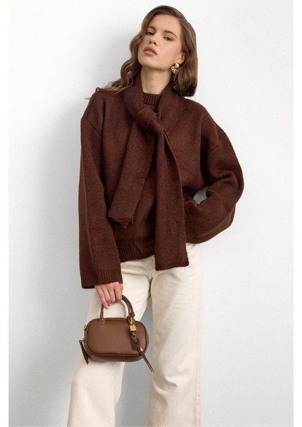 Bisiklet Yaka Atkı Salaş Kalın Kazak Kahve 8280