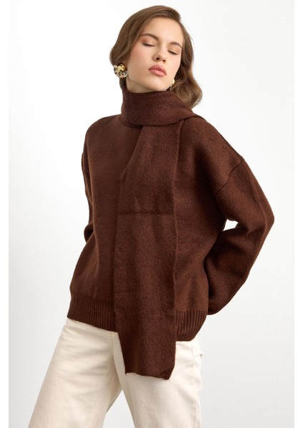 Bisiklet Yaka Atkı Salaş Kalın Kazak Kahve 8280 fiyatları