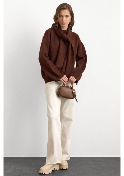 Bisiklet Yaka Atkı Salaş Kalın Kazak Kahve 8280 modelleri