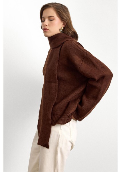 Bisiklet Yaka Atkı Salaş Kalın Kazak Kahve 8280 indirimleri