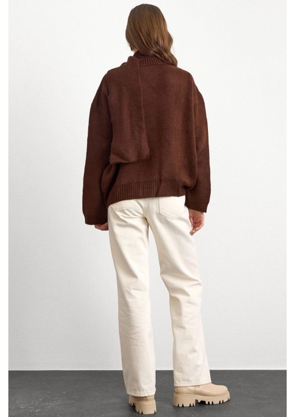 Bisiklet Yaka Atkı Salaş Kalın Kazak Kahve 8280