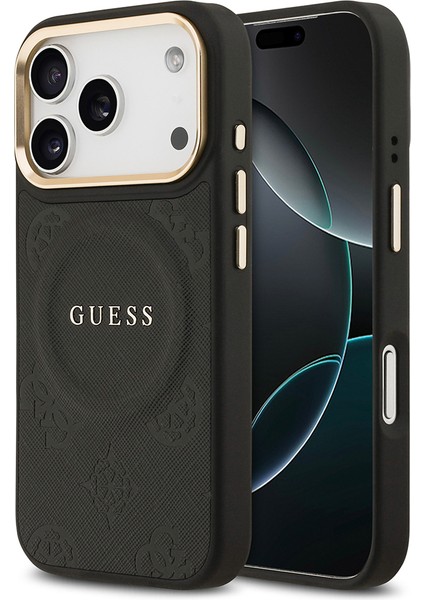 iPhone 17 Pro Uyumlu Kılıf Guess Lisanslı M-Safeli Sıcak Baskılı Yazı Logolu Pu Deri Peony Siyah