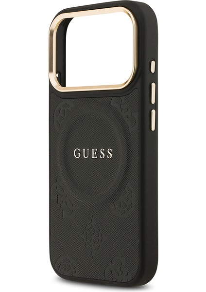 iPhone 17 Pro Uyumlu Kılıf Guess Lisanslı M-Safeli Sıcak Baskılı Yazı Logolu Pu Deri Peony Siyah