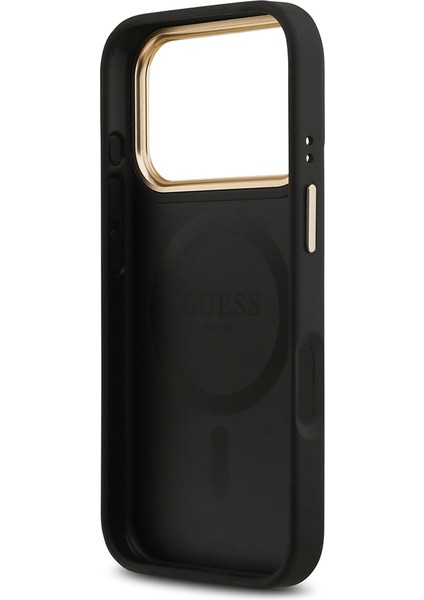 iPhone 17 Pro Uyumlu Kılıf Guess Lisanslı M-Safeli Sıcak Baskılı Yazı Logolu Pu Deri Peony Siyah