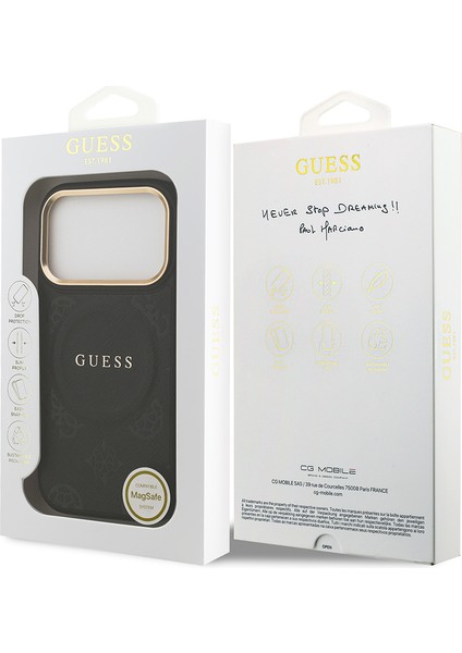iPhone 17 Pro Uyumlu Kılıf Guess Lisanslı M-Safeli Sıcak Baskılı Yazı Logolu Pu Deri Peony Siyah