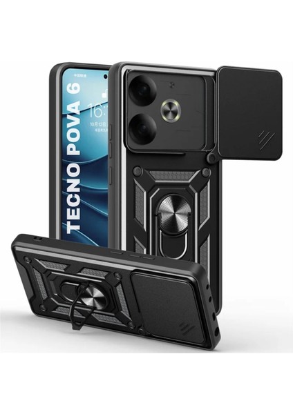 Tecno Pova 6 Uyumlu Tank Kılıf Yüzüklü Standlı Extra Darbe Koruma Zırhlı Outdoor Kapak - Siyah