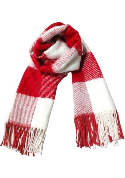 Kırmızı Kırık Beyaz Ekose Desenli Yumoş Kışlık Şal