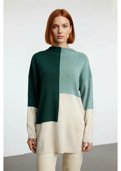 Kadın Relaxed Kalıp Dik Yaka Renk Bloklu Triko Kazak Kış Günleri Için Konforlu ve Şık Seçim fiyatları