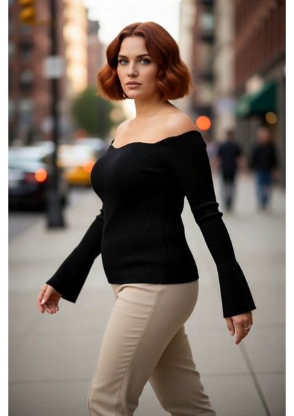 Kadın Şık Fitted Carmen Yaka Fitilli Triko Kazak Düz Desen Uzun Reglan Kol Bodycone Siluet