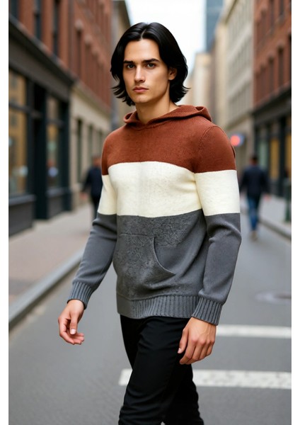 Erkek Kapüşonlu Regular Kalıp Renk Bloklu Kanguru Cepli Uzun Kollu Triko Kazak Günlük Stilinize Özel