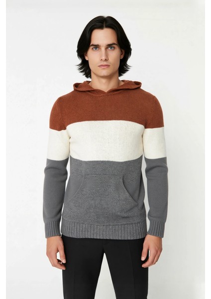 Erkek Kapüşonlu Regular Kalıp Renk Bloklu Kanguru Cepli Uzun Kollu Triko Kazak Günlük Stilinize Özel fiyatları