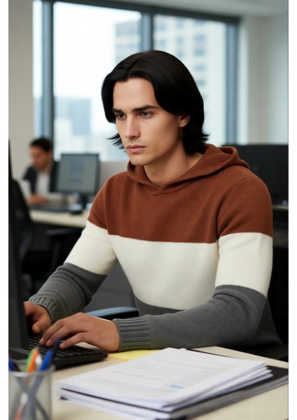 Erkek Kapüşonlu Regular Kalıp Renk Bloklu Kanguru Cepli Uzun Kollu Triko Kazak Günlük Stilinize Özel modelleri