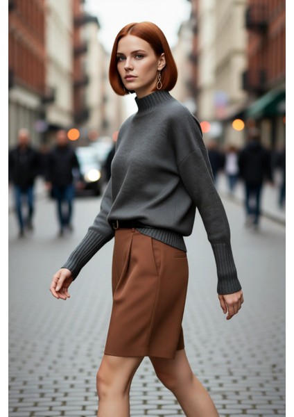 Kadın Oversize Kesim Dik Yaka Reglan Kol Düz Gri Triko Kazak Kışlık Günlük Giyim Için Ideal Seçim