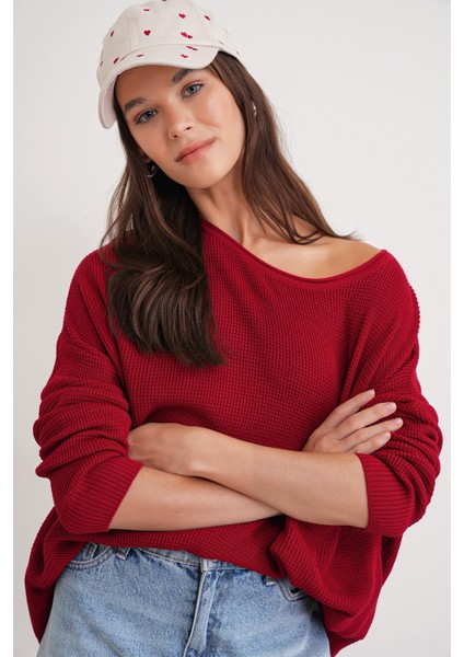 6183 Kadın Nopeli Oversize Triko Ince Kazak Kırmızı