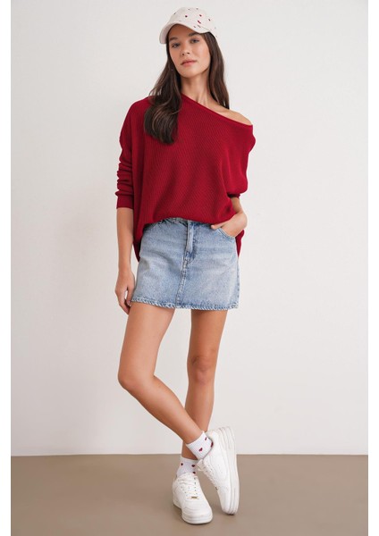 6183 Kadın Nopeli Oversize Triko Ince Kazak Kırmızı fiyatları