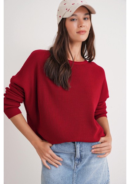 6183 Kadın Nopeli Oversize Triko Ince Kazak Kırmızı modelleri