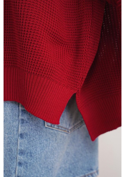 6183 Kadın Nopeli Oversize Triko Ince Kazak Kırmızı fırsatları