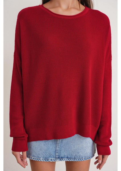 6183 Kadın Nopeli Oversize Triko Ince Kazak Kırmızı indirimleri