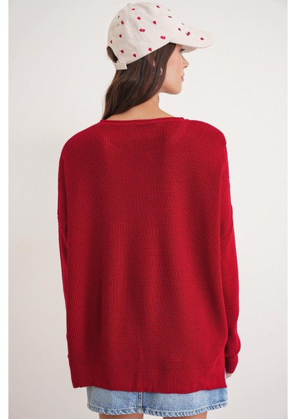 6183 Kadın Nopeli Oversize Triko Ince Kazak Kırmızı