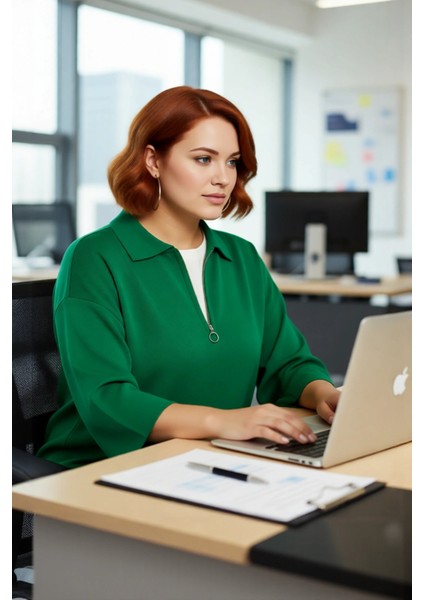 Kadın Polo Yaka Fermuar Detaylı Relaxed Kesim Düşük Kol Truvakar Triko Kazak Büyük Beden Kaliteli