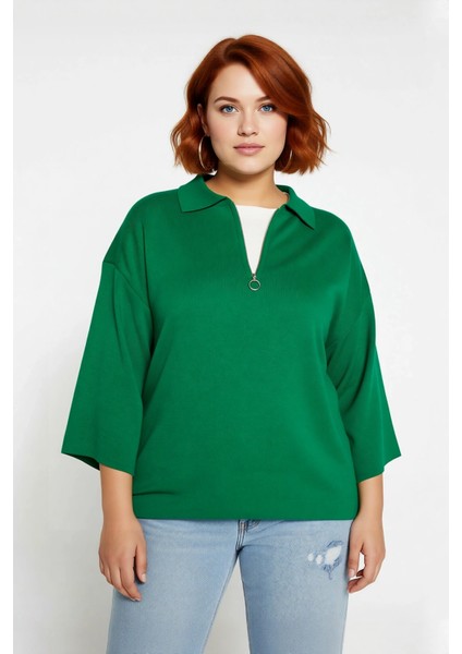 Kadın Polo Yaka Fermuar Detaylı Relaxed Kesim Düşük Kol Truvakar Triko Kazak Büyük Beden Kaliteli fiyatları