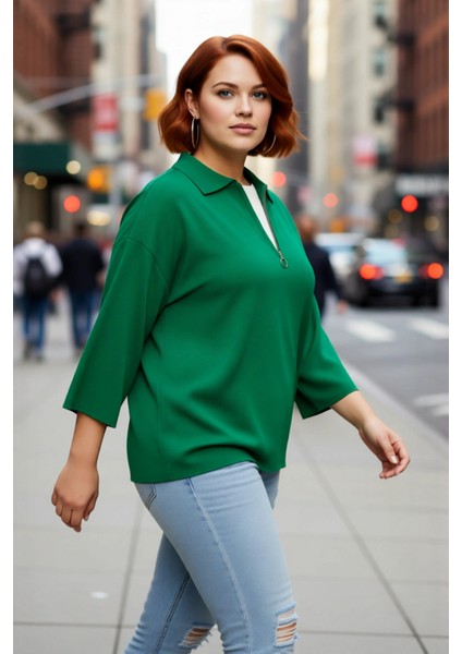 Kadın Polo Yaka Fermuar Detaylı Relaxed Kesim Düşük Kol Truvakar Triko Kazak Büyük Beden Kaliteli fırsatları