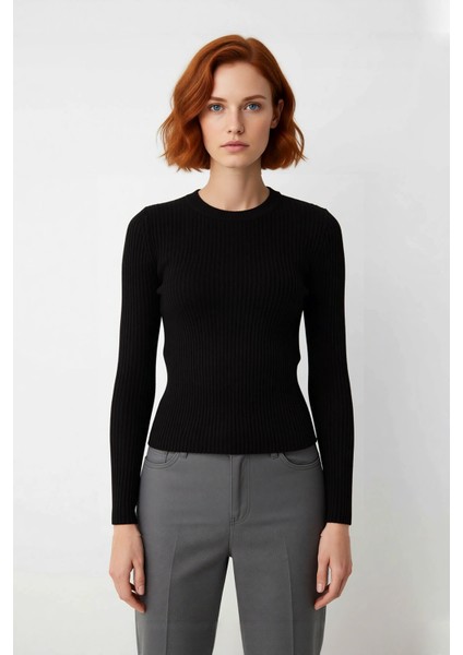 Kadın Fitted Bisiklet Yaka Uzun Kollu Fitilli Triko Kazak Casual Giyimde Vazgeçilmez Parça fiyatları