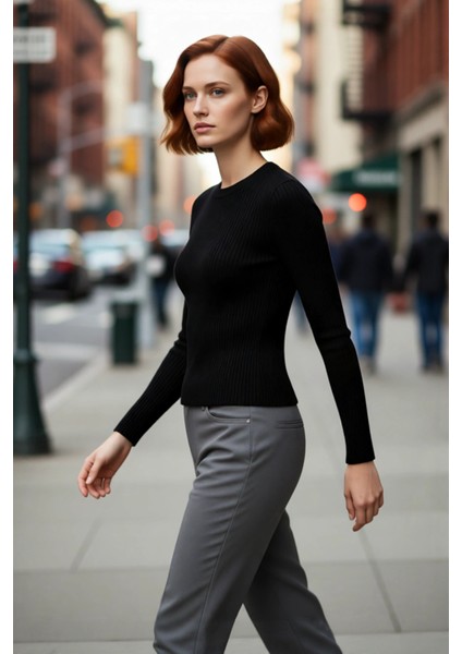 Kadın Fitted Bisiklet Yaka Uzun Kollu Fitilli Triko Kazak Casual Giyimde Vazgeçilmez Parça fırsatları